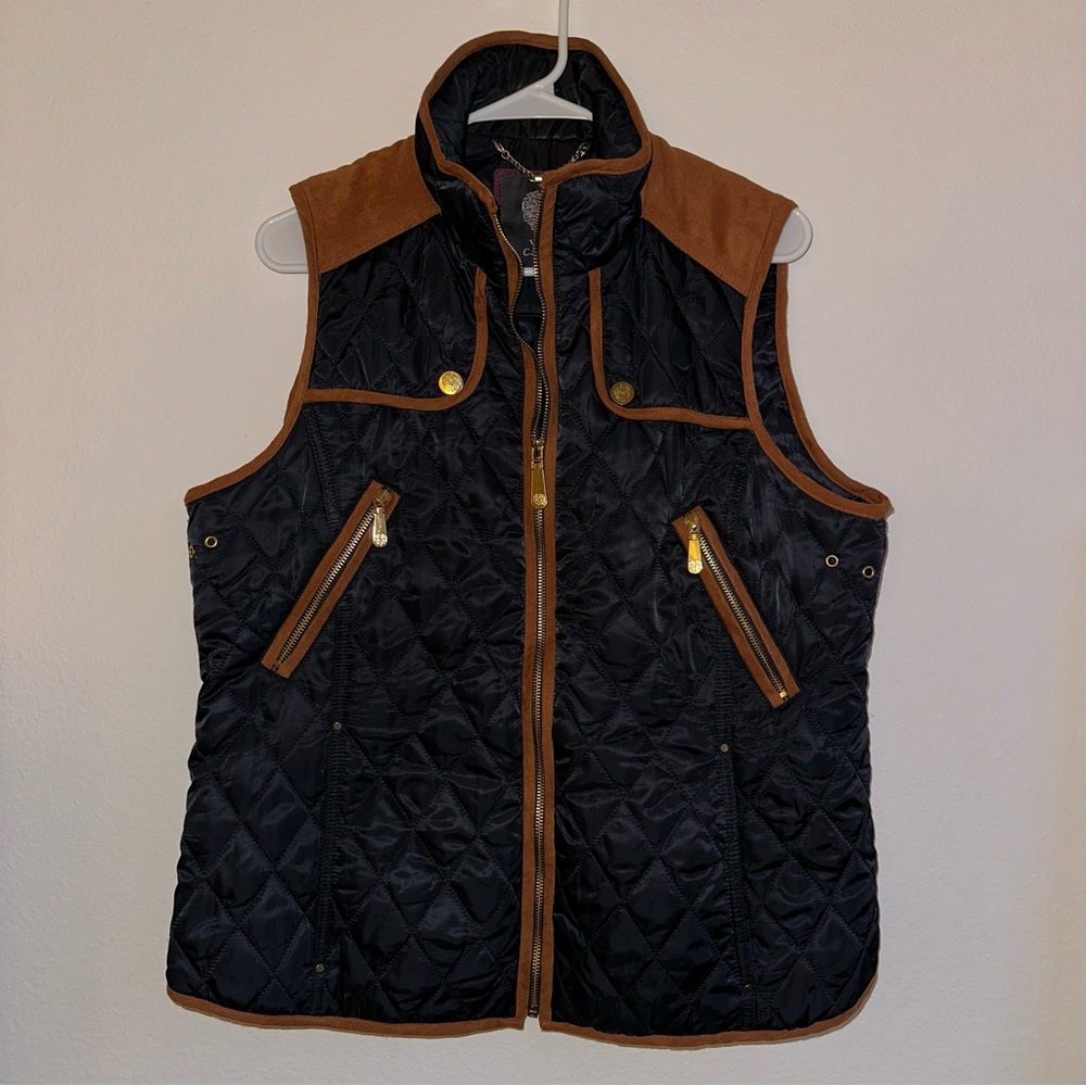 VINCE CAMUTO Navy Blue Quilted Faux Suede Full Zip Vest Jacket